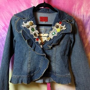 Cited Jeans Denim Jacket with Floral Embroidery and Buttons